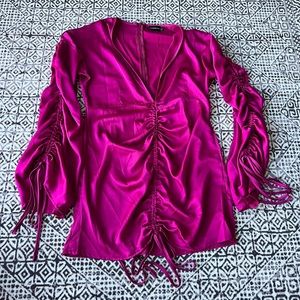 PrettyLittleThing Pink satin long sleeve party dress ruched size 12